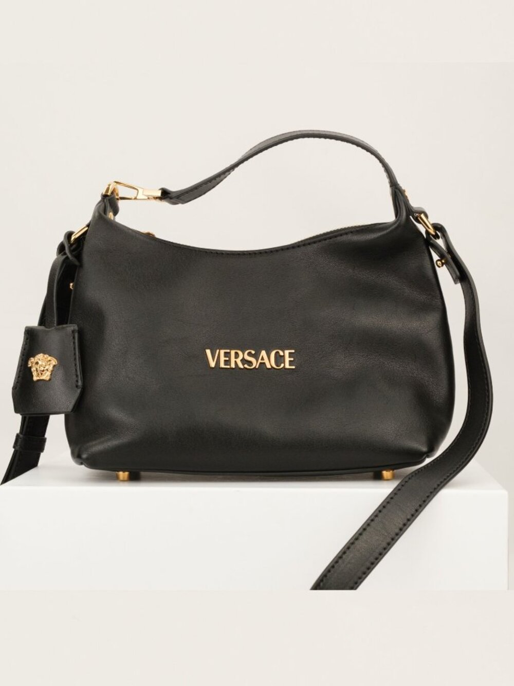 Versace Logo Tag Nappa Leather Top Handle Crossbody Hobo Bag, Black